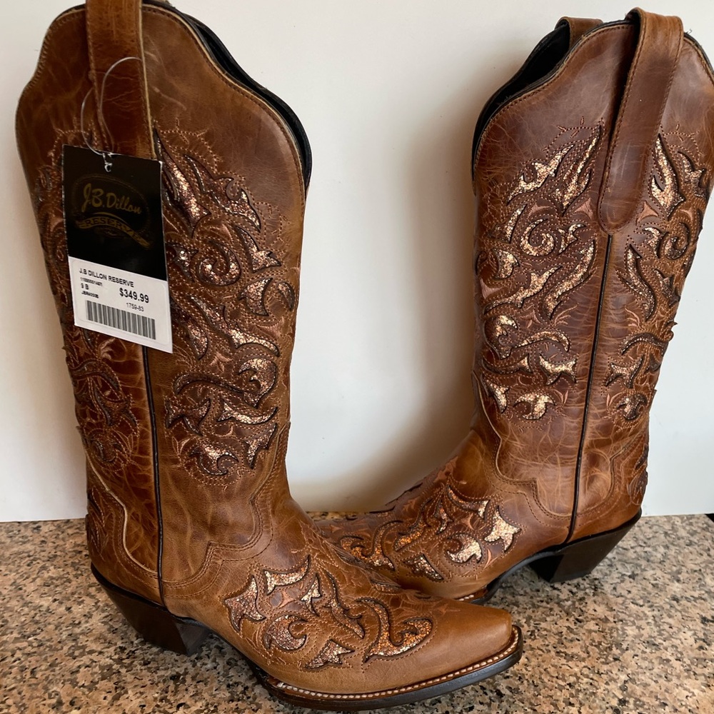 J.B. Dillon Brown Heeled Boots with copper inlay